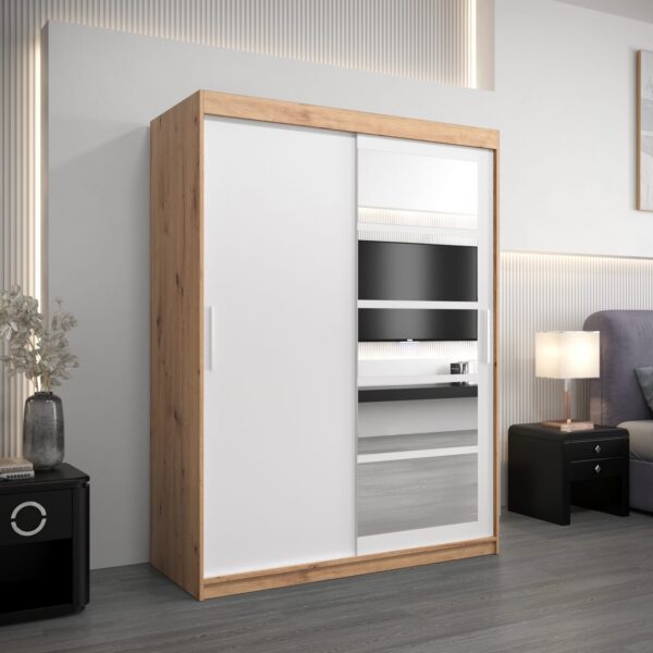 Kledingkast RENO 1 150 cm, romp in de kleur eiken artisan, fronten in wit met spiegel.