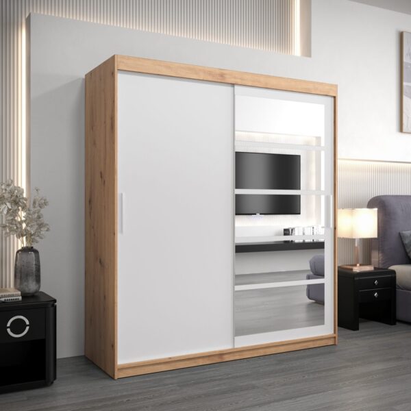 Kledingkast RENO 1 180 cm, romp in de kleur eiken artisan, fronten in wit met spiegel.