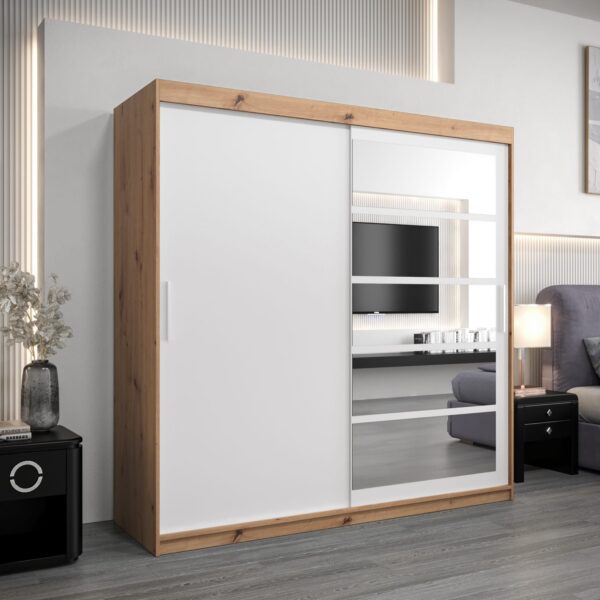 Kledingkast RENO 1 200 cm, romp in de kleur eiken artisan, fronten in wit met spiegel.