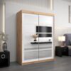 Kledingkast RENO 2 150 cm, romp in de kleur eiken artisan, fronten in wit met spiegel.