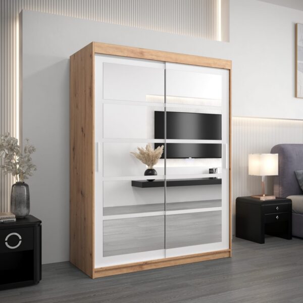 Kledingkast RENO 2 150 cm, romp in de kleur eiken artisan, fronten in wit met spiegel.