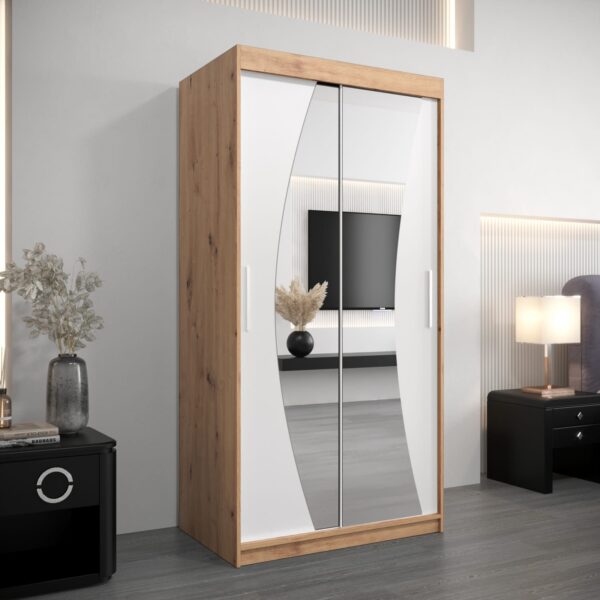 Kledingkast GLASGOW 100, romp in eiken artisan, fronten wit met spiegel.