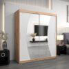 Kledingkast GLASGOW 180, romp in eiken artisan, fronten wit met spiegel.
