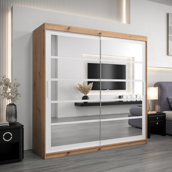 Kledingkast RENO 2 180 cm, romp in de kleur eiken artisan, fronten in de kleur wit met spiegel.