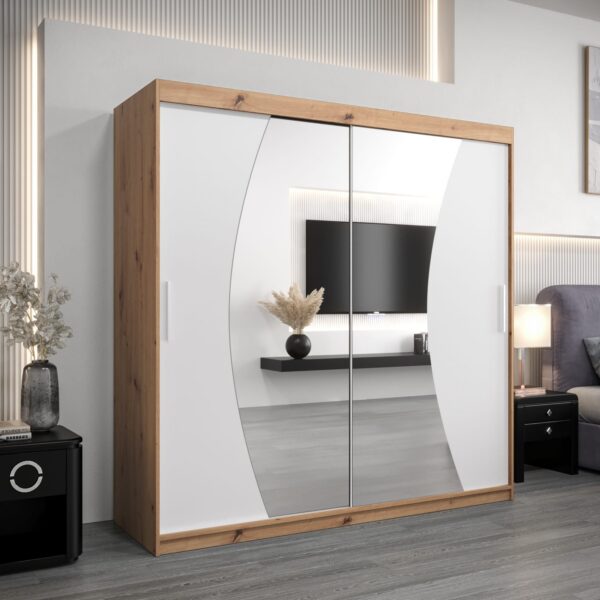 Kledingkast GLASGOW 200, romp in eiken artisan, fronten wit met spiegel.