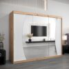 Kledingkast GLASGOW 250, romp in eiken artisan, fronten wit met spiegel.