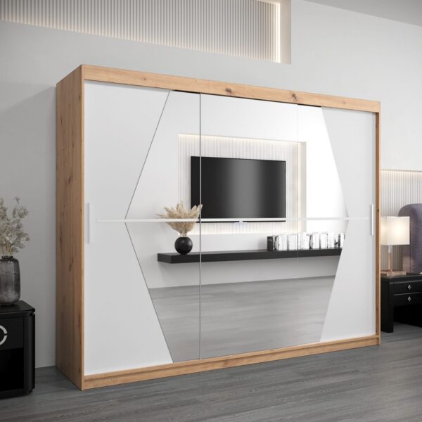 Kledingkast BOLIWIA 250 cm, corpus in de kleur artisan eiken, fronten wit met spiegel.