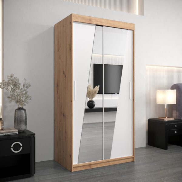 Kledingkast RHOMB 100 cm, romp in de kleur eiken artisan, fronten in wit met spiegel.