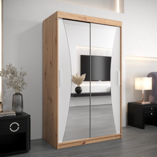 Kledingkast MONACO 120 cm, romp in de kleur eiken artisan, fronten in wit met spiegel.