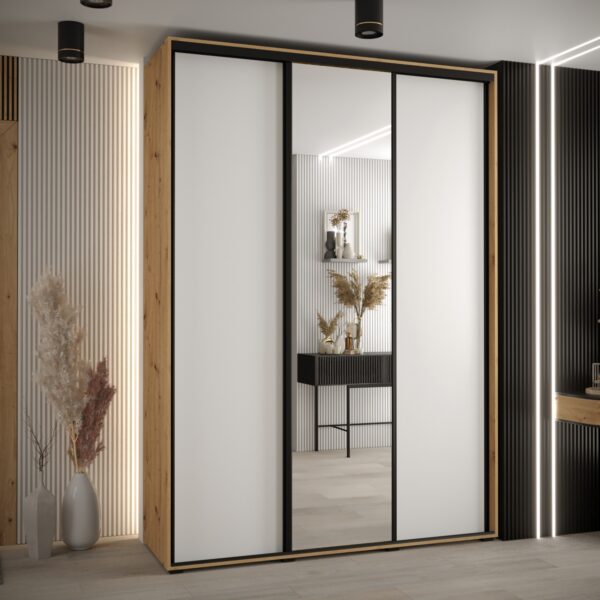 Szafa CANNES 3 -170 45 cm głebokość. Korpus dab artisan, front biały ,lustro i czarna listwa