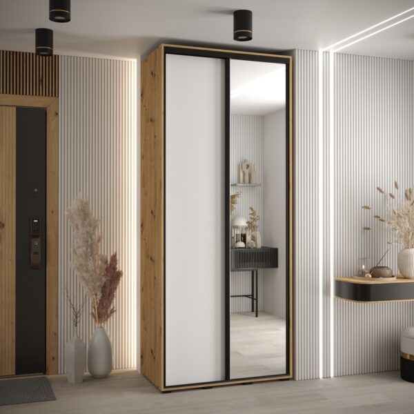 Szafa CANNES 3 -120 45 cm głebokość. Korpus dąb artisan , front biały,lustro i czarna listwa