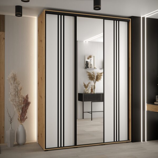 Szafa CANNES 7-180 szerokość 45cm korpus dab artisan Front biały listwa czarna i lustro