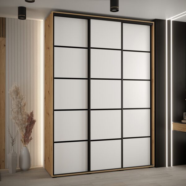 Szafa CANNES 4- 180 szerokość 45 cm. Korpus dąb artisan, front biały listwa czarna