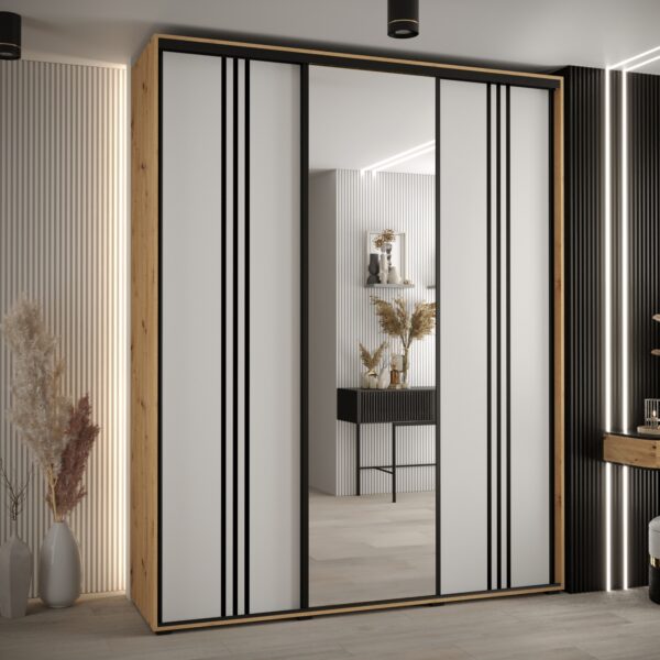 Szafa CANNES 7-200 szerokość 45cm korpus dab artisan Front biały listwa czarna i lustro