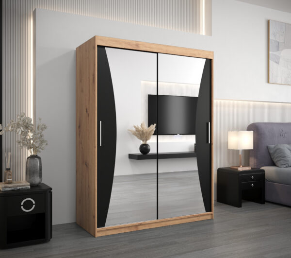Szafa MONACO 150 cm, korpus w kolorze dąb artisan fronty czarne z lustrem