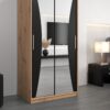 Kledingkast MONACO 100 cm, romp in de kleur eiken artisan, fronten in zwart met spiegel.