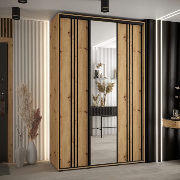 Szafa CANNES 7-160 szerokość 45cm korpus biały Front dąb artisan listwa czarna i lustro