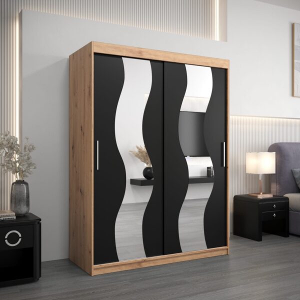 Kledingkast SOLANA 150 cm, romp in de kleur eiken artisan, fronten in zwart met spiegel.