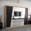 Kledingkast RHOMB 250 cm, romp in de kleur eiken artisan, fronten in zwart met spiegel.