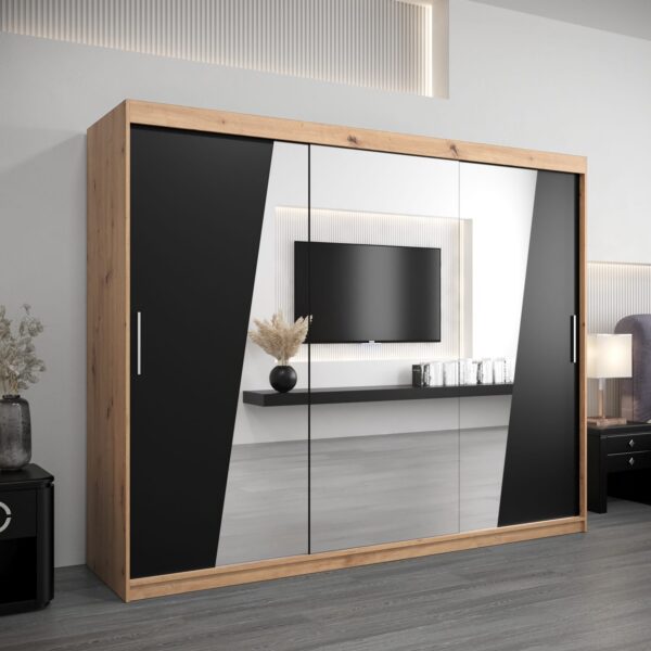 Kledingkast RHOMB 250 cm, romp in de kleur eiken artisan, fronten in zwart met spiegel.