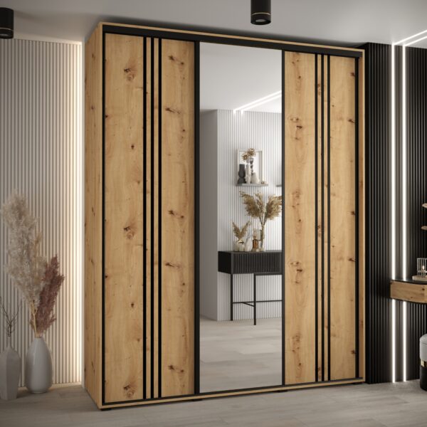 Szafa CANNES 7-200 szerokość 45cm korpus biały Front dąb artisan listwa czarna i lustro
