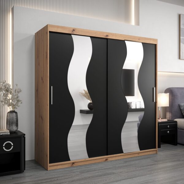 Kledingkast SOLANA 200 cm, romp in de kleur eiken artisan, fronten in zwart met spiegel.