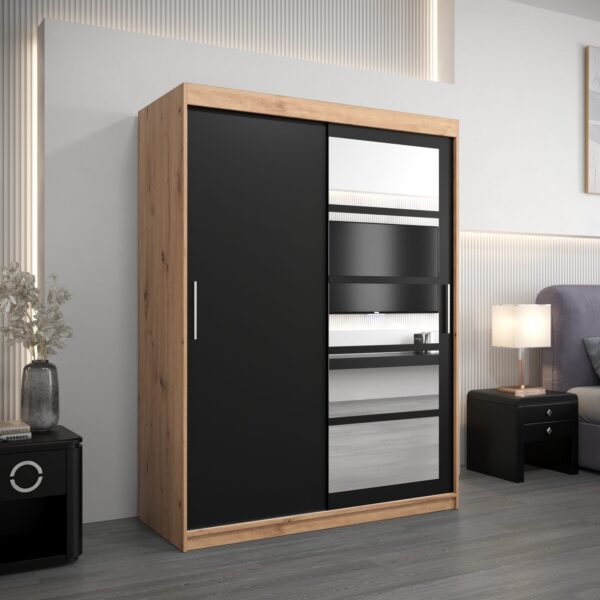 Kledingkast RENO 1 150 cm, romp in de kleur eiken artisan, fronten in zwart met spiegel.