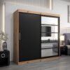Kledingkast RENO 1 200 cm, romp in de kleur eiken artisan, fronten in zwart met spiegel.