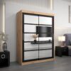 Kledingkast RENO 2 150 cm, romp in de kleur eiken artisan, fronten in zwart met spiegel.