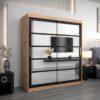 Kledingkast RENO 2 180 cm, romp in de kleur eiken artisan, fronten in zwart met spiegel.