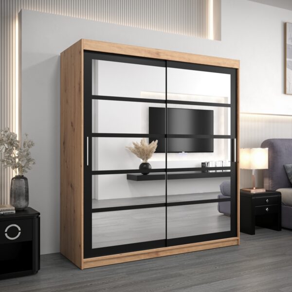Kledingkast RENO 2 180 cm, romp in de kleur eiken artisan, fronten in zwart met spiegel.