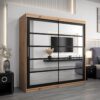 Kledingkast RENO 2 200 cm, romp in de kleur eiken artisan, fronten in zwart met spiegel.