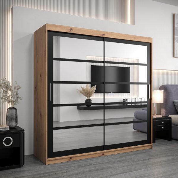 Kledingkast RENO 2 200 cm, romp in de kleur eiken artisan, fronten in zwart met spiegel.