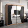 Kledingkast GLASGOW 200, romp in eiken artisan, fronten zwart met spiegel.