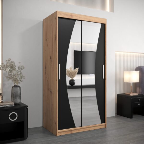 Kledingkast GLASGOW 100, romp in eiken artisan, fronten zwart met spiegel.