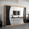 Kledingkast GLASGOW 250, romp in eiken artisan, fronten zwart met spiegel.