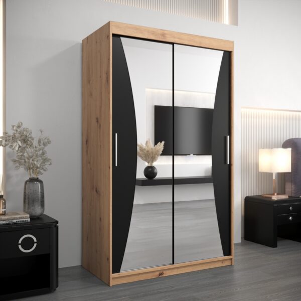 Kledingkast MONACO 120 cm, romp in de kleur eiken artisan, fronten in zwart met spiegel.