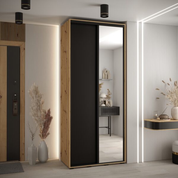 Szafa CANNES 3 -120 45 cm głebokość. Korpus dąb artisan , front czarny,lustro i czarna listwa