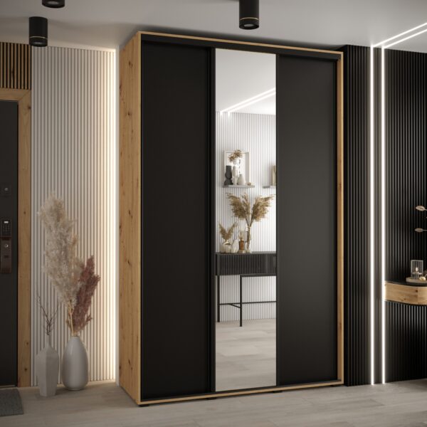 Szafa CANNES 3 -160 45 cm głebokość. Korpus dąb artisan, front czarne  ,lustro i czarna listwa