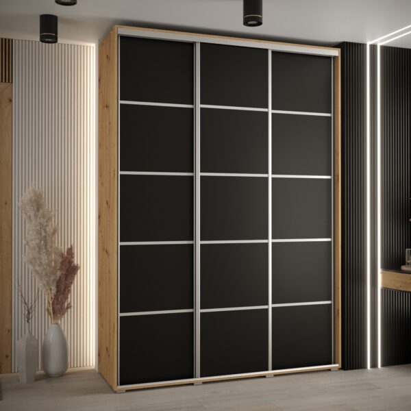 Szafa CANNES 4- 180 szerokość 45 cm. Korpus dąb artisan, front czarny listwa srebrna