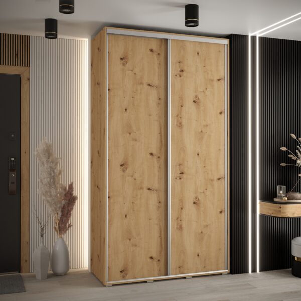 Szafa CANNES 1-140 45cm glebokość korpus dąb artisan , fronty dab artisan listwa srebrna