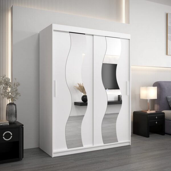 Kledingkast SOLANA 150 cm, romp in de kleur wit, fronten in wit met spiegel