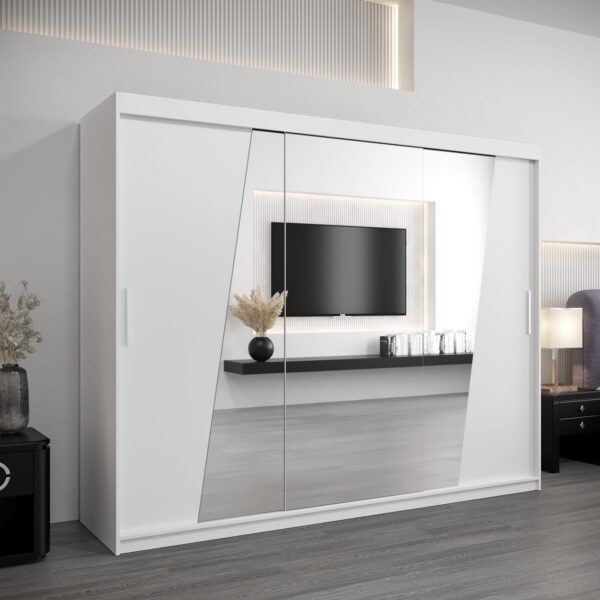 Kledingkast RHOMB 250 cm, romp in de kleur wit, fronten in wit met spiegel