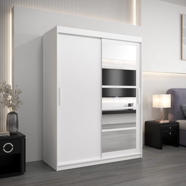 Kledingkast RENO 1 150 cm, romp in de kleur wit, fronten in wit met spiegel.