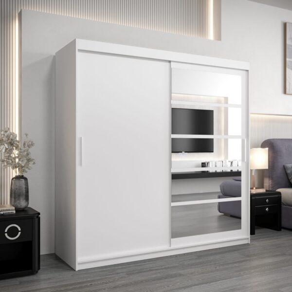 Kledingkast RENO 1 200 cm, romp in de kleur wit, fronten in wit met spiegel.