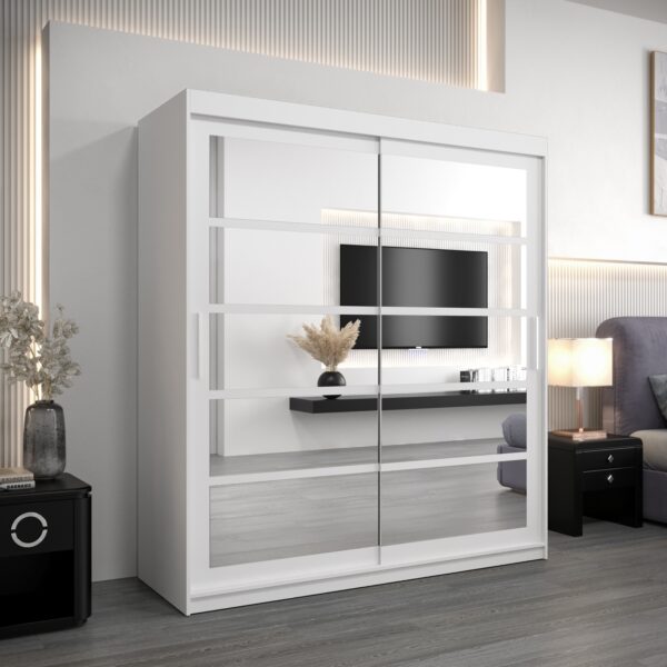 Kledingkast RENO 2 180 cm, romp in de kleur wit, fronten in wit met spiegel.