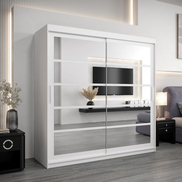 Kledingkast RENO 2 200 cm, romp in de kleur wit, fronten in wit met spiegel.