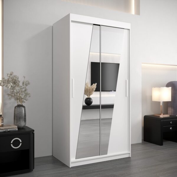 Kledingkast RHOMB 100 cm, romp in de kleur wit, fronten in wit met spiegel.
