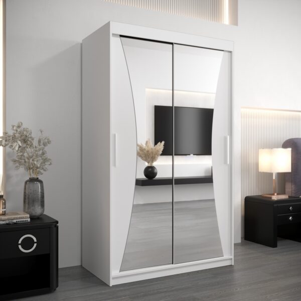 Kledingkast MONACO 120 cm, romp in de kleur wit, fronten in wit met spiegel