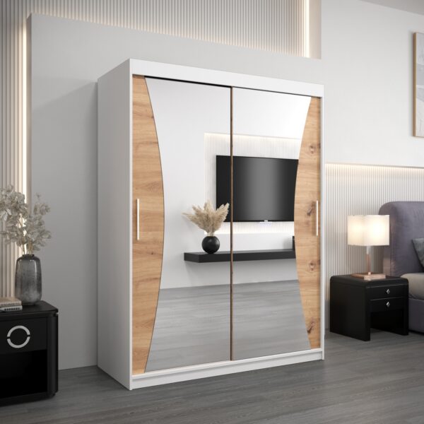 Szafa MONACO 150 cm, korpus w kolorze białym fronty dąb artisan z lustrem